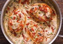 Chuletas de Cerdo Asadas con Tocino y Champiñones